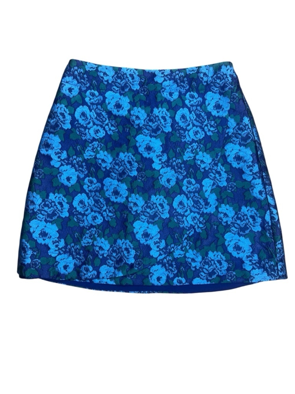 Anthropologie Mauve Blue and Green Floral Faux Wrap Mini Skirt, Size 0